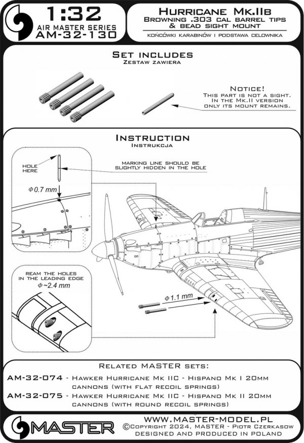 Master AM-32-130 Hawker Hurricane Mk.IIb - końcówki luf Browning .303 oraz podstawa celownika 1/32