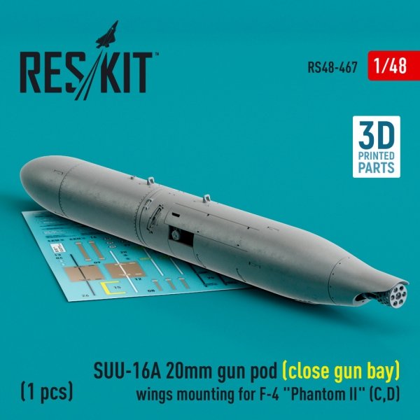 RESKIT RS48-0467 SUU-16A 20mm gun pod (close gun bay) wings mounting for F-4 Phantom II (C,D) (1 pcs) (3D Printed) 1/48