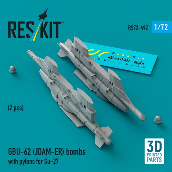 RESKIT RS72-0492 GBU-62 (JDAM-ER) bombs with pylons for Su-27 "Flanker" (2 pcs) (3D Printed) (1/72)