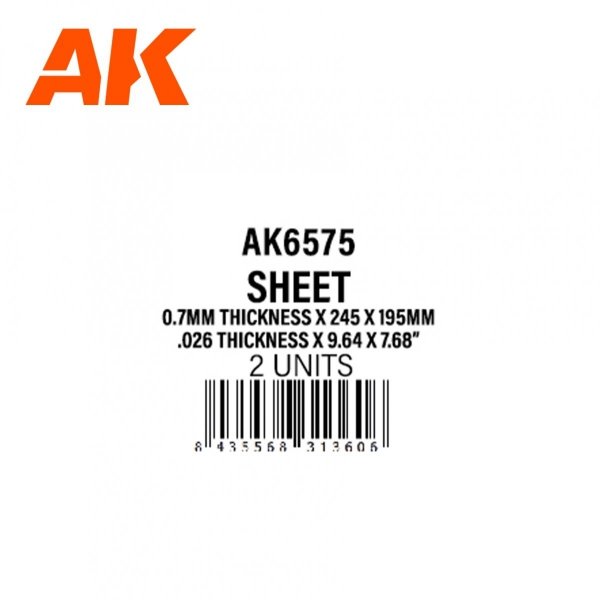 AK Interactive AK6575 0.7MM THICKNESS X 245 X 195MM – STYRENE SHEET – (2 UNITS)