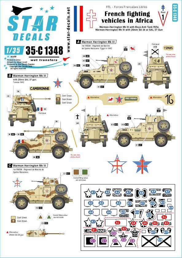 Star Decals 35-C1348 French Fighting Vehicles in Africa 1. FFL - Forces Francaises Libres 1/35