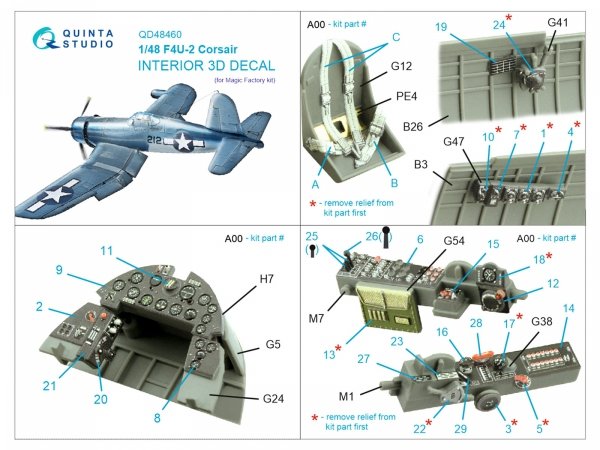 Quinta Studio QD48460 F4U-2 Corsair 3D-Printed coloured Interior on decal paper (Magic Factory) 1/48