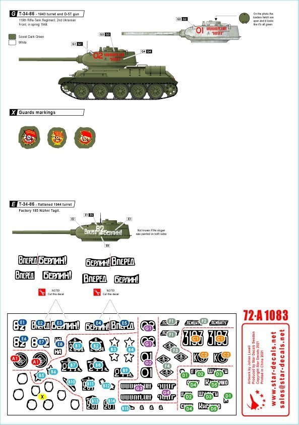 Star Decals 72-A1083 Soviet T-34-85 tanks 1944-45. 1944-45. Flattened 1944 turret and Factory 183 Nizhni Tagil turret. 1/72