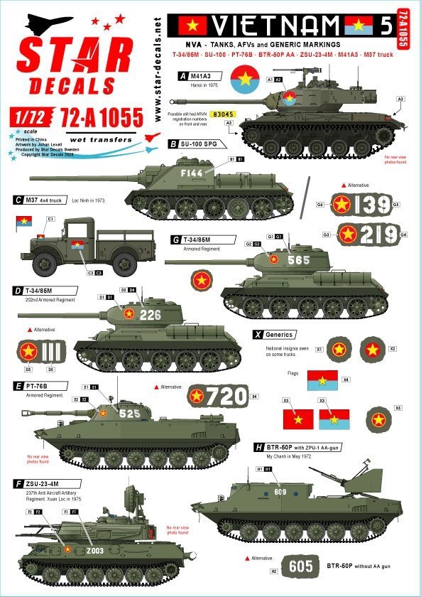 Star Decals 72-A1055 Vietnam # 5. NVA North Vietnamese Tanks and AFVs markings. 1/72