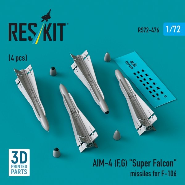 RESKIT RS72-0476 AIM-4 (F, G) "Super Falcon" missiles for F-106 (4 pcs) (3D Printed) (1/72)