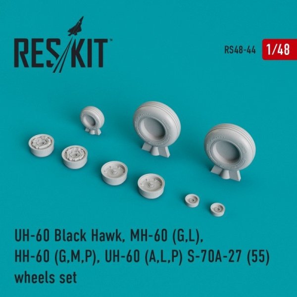 RESKIT RS48-0044 UH-60 Black Hawk, MH-60 (G,L), HH-60 (G,M,P), UH-60 (A,L,P) S-70A-27 (55) wheels set 1/48