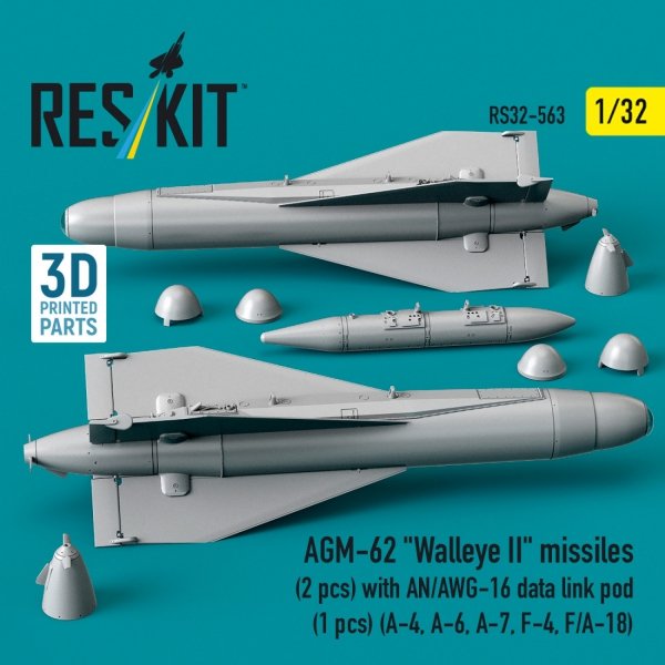 RESKIT RS32-0563 AGM-62 "Walleye II" missiles (2 pcs) with AN/AWG-16 data link pod (1 pcs) (A-4, A-6, A-7, F-4, F/A-18) (3D Printed) (1/32)