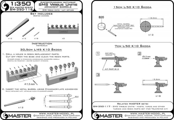 Master SM-350-116 SMS Viribus Unitis armament - 305mm (12pcs), 150mm (12pcs) barrels, 70mm (18pcs) barrels (for Trumpeter kit) 1/350