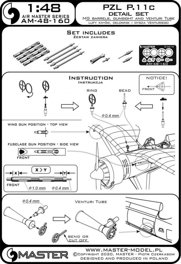 Master AM-48-160 PZL P.11c - zestaw detali - lufy karabinu wz. 33, celowniki oraz dysza Venturiego 1/48