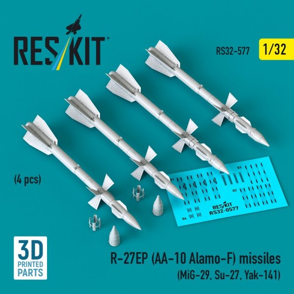 RESKIT RS32-0577 R-27EP (AA-10 Alamo-F) missiles (4 pcs) (MiG-29, Su-27, Yak-141) (3D Printed) (1/32)