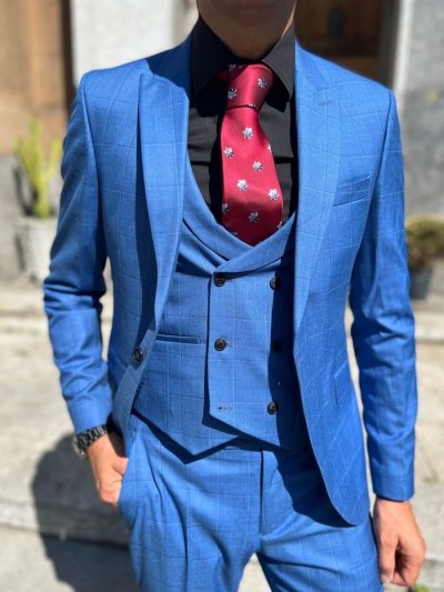 Elegancki garnitur męski - Trzy części - Niebieski - W kratkę - Made in Italy