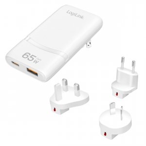 Ładowarka sieciowa podróżna LogiLink PA0376 USB GaN, 65 W, 1x USB-C (PD), 1x USB-A (QC), biała