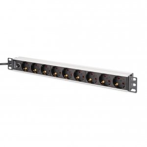 Listwa zasilająca DIGITUS PDU Rack 19&quot; z bezpiecznikiem przeciążeniowym, 9 gniazd Schuko CEE 7/3 (45°), kabel 2m wtyk IEC C14, 10A, aluminiowa