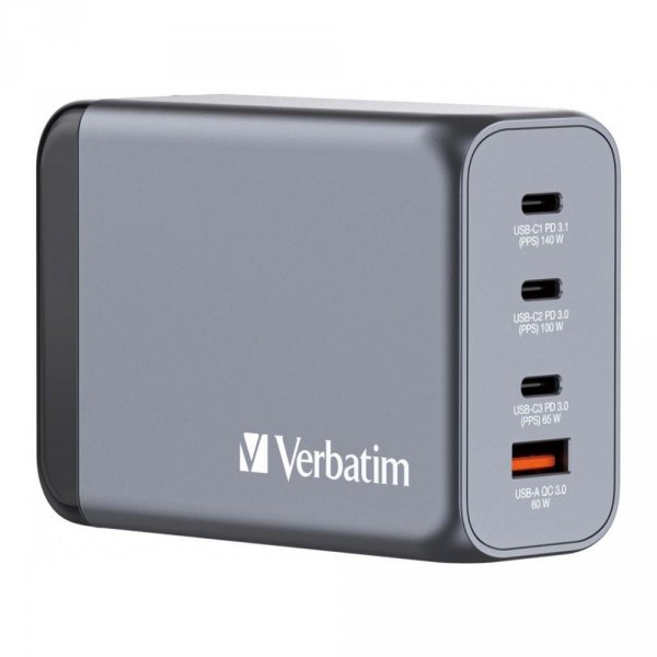 Ładowarka sieciowa Verbatim GaN GNC-240 3xUSB-C PD (140W+100W+65W) 1xUSB-A QC 3.0