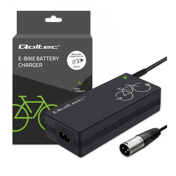 OUTLET: Ładowarka Qoltec do roweru elektrycznego 36V | 42V | 2A | 3P XLR-18mm +kabel zasilający - OTW OPAK