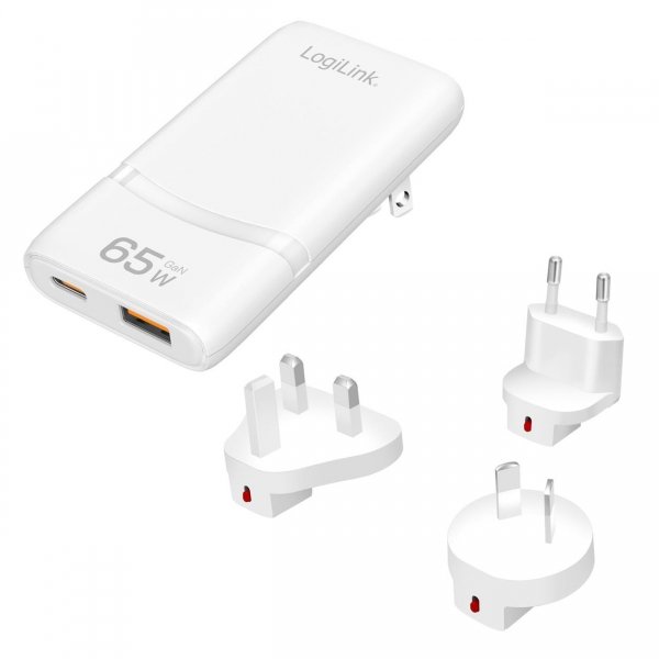 Ładowarka sieciowa podróżna LogiLink PA0376 USB GaN, 65 W, 1x USB-C (PD), 1x USB-A (QC), biała