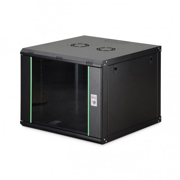 Szafa sieciowa wisząca jednosekcyjna DIGITUS Dynamic 19&amp;quot; 9U, 600x600, drzwi szyba, czarny, niezmontowana, 60kg