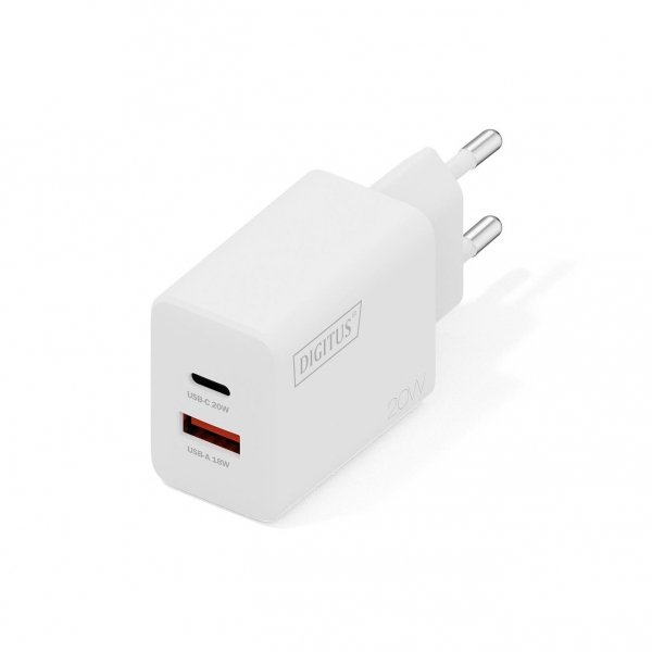 Ładowarka sieciowa DIGITUS 20W, 1x USB-C, 1x USB-A, PD 3.0, QC 3.0, biała