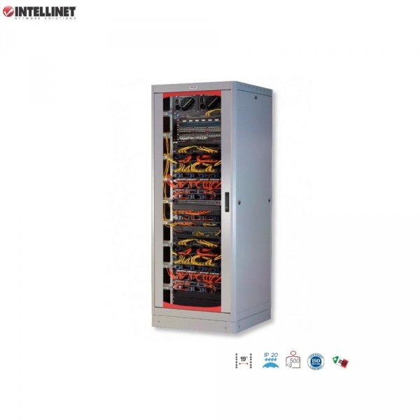 Szafa stojąca, zmontowana Intellinet 27U, 600x600, Rack 19&amp;quot;, szklane drzwi, szara