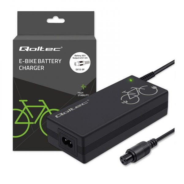 Ładowarka Qoltec do roweru elektrycznego 36V | 42V | 2A | GX12-3Pin +kabel zasilający