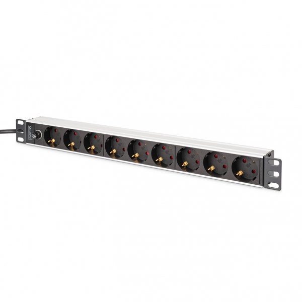 Listwa zasilająca DIGITUS PDU Rack 19&amp;quot; z bezpiecznikiem przeciążeniowym, 9 gniazd Schuko CEE 7/3 (45°), kabel 2m wtyk IEC C14, 10A, aluminiowa
