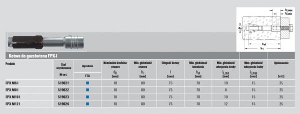 FISCHER FPX-I Kotwa do gazobetonu M6-I - 25 szt (519021)