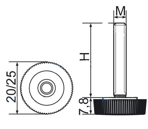 Stopka regulacyjna radełkowa fi25 M6x40 - 100 sztuk
