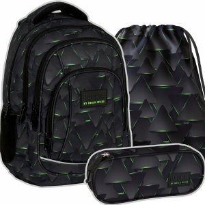 ZESTAW 3 el. Plecak szkolny młodzieżowy BackUP 26 L trójkąty 3D, CYBER TRIANGLES (PLB6A49SET3CZ)