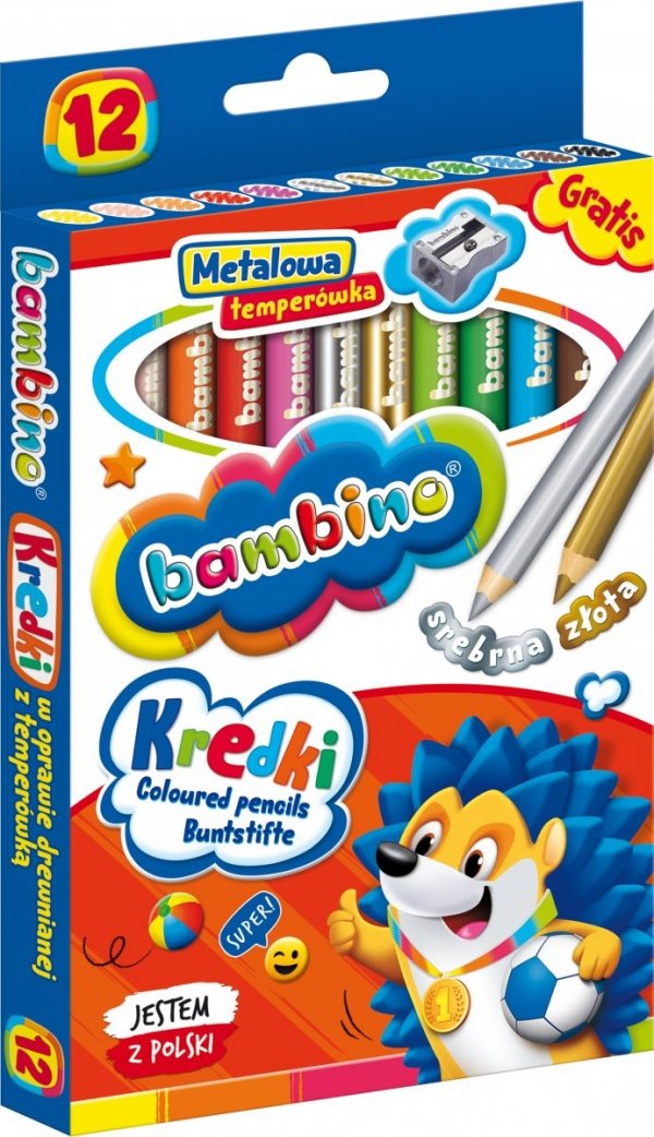 Kredki BAMBINO w oprawie drewnianej 12 kolorów + temperówka (00249)