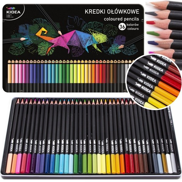 Kredki trójkątne ołówkowe w metalowym pudełku 36 kolorów KIDEA (KTMP36KA)
