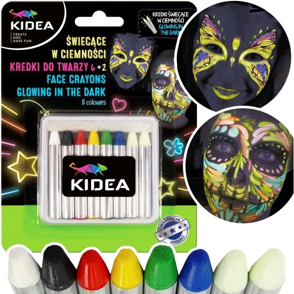 Kredki do malowania twarzy świecące w ciemności 8  kolorów KIDEA (KDT8SKA)