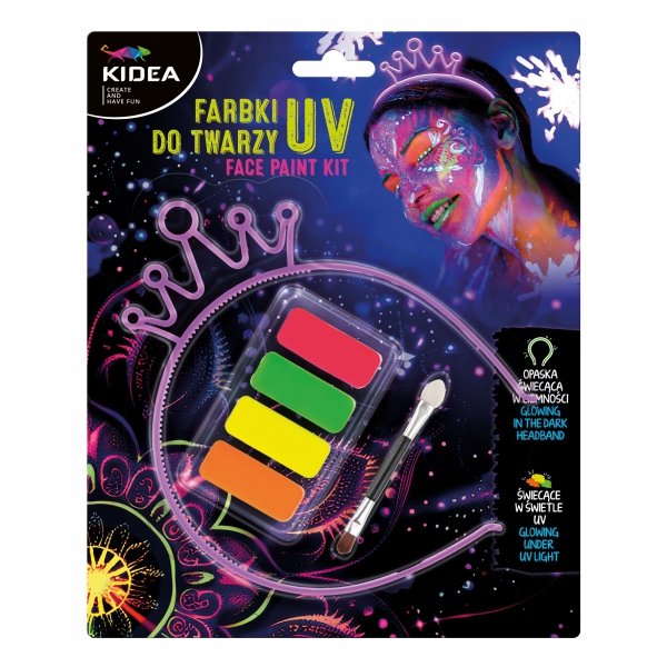 Farbki do malowania twarzy UV 4 KOLORY I OPASKA świecąca w ciemności KIDEA (FDTUVOSKA)