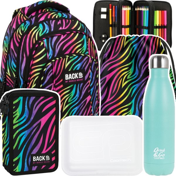 ZESTAW 5 el. Plecak szkolny młodzieżowy BackUP 26 L KOLOROWA ZEBRA (PLB6A35SET5CZ)
