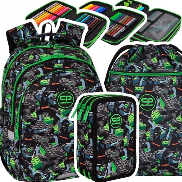 ZESTAW 3 el. Plecak wczesnoszkolny CoolPack JERRY 21 L klocki, KIDS FROM THE BLOCK (F029823SET3CZ)