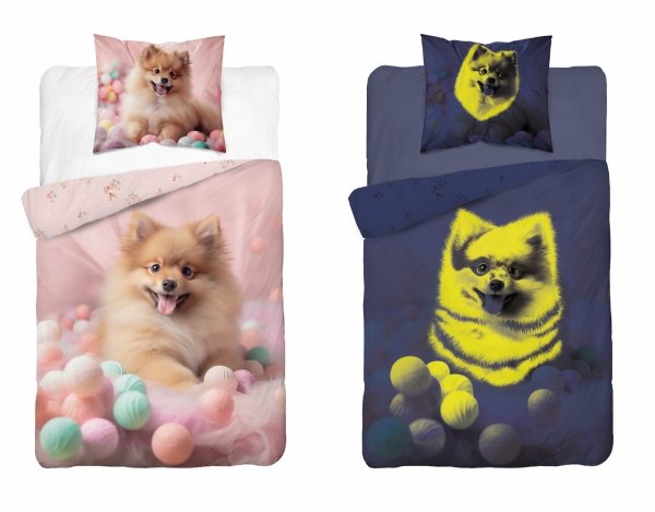 Pościel bawełniana świecąca FLUO Piesek Pomeranian Szpic 140 x 200 cm komplet pościeli (5411A)