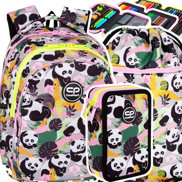 ZESTAW 3 el. Plecak wczesnoszkolny CoolPack JERRY 21 L pandy, PANDA GANG (F029829SET3CZ)