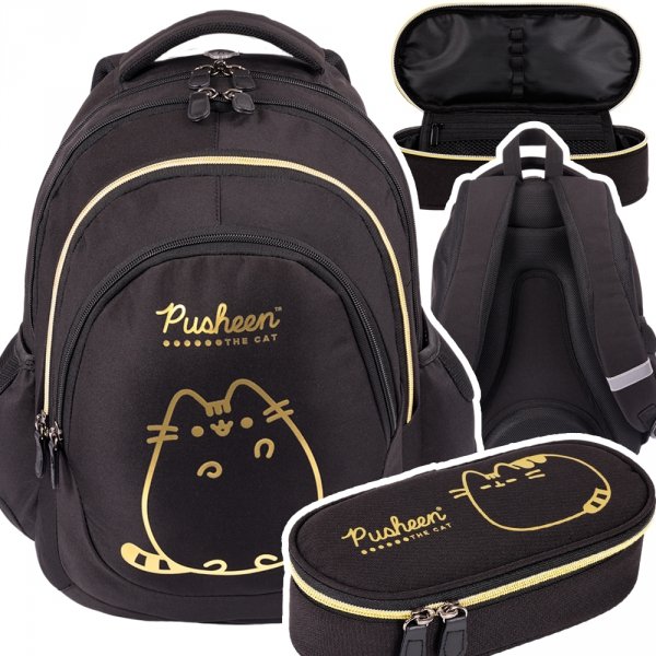ZESTAW 2 el. Plecak szkolny młodzieżowy St.Right PUSHEEN GOLD Kot Kotek BP6 (63154SET2CZ)