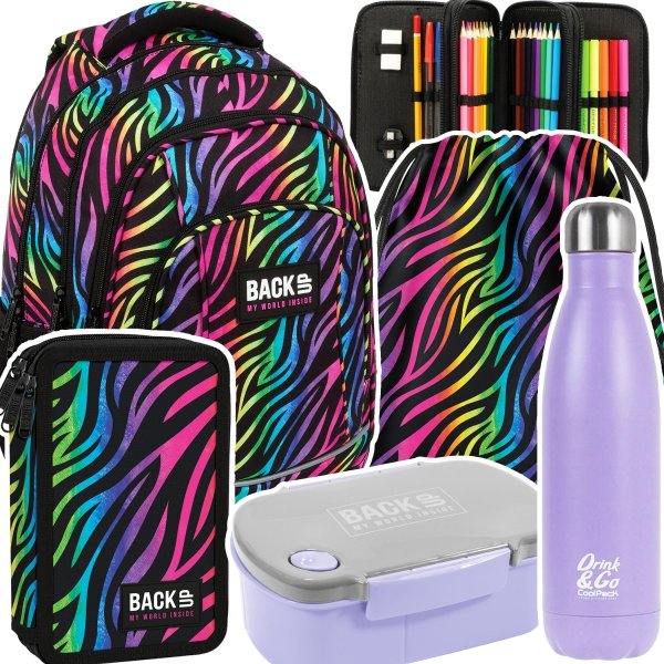 ZESTAW 5 el. Plecak szkolny młodzieżowy BackUP 26 L KOLOROWA ZEBRA (PLB6A35SET5CZ)
