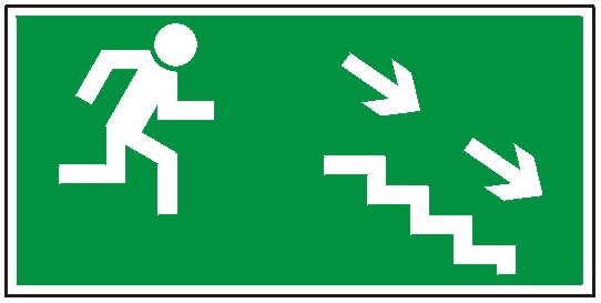 Kierunek do wyjścia drogi ewakuacyjnej schodami w dół na prawo 106 (FF)