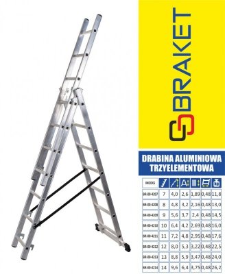 DRABINA ALUMINIOWA 3-ELEMENTOWA 640CM 11+11+11 SZCZEBLI