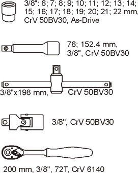 WKŁAD DO SZUFLADY ZESTAW KLUCZY NASADOWYCH 3/8&#039;&#039; 22 CZĘŚCI