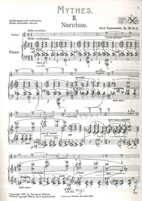 Szymanowski, Karol: Mythes op. 30,2,  fuer violone und klavier: Narcisse