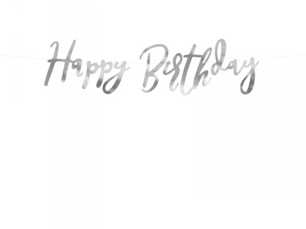 Baner Happy Birthday, srebrny, 16,5x62cm