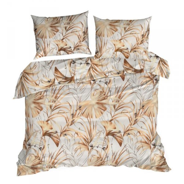 Pościel 220x200 cm bawełniana kolor biały, brązowy z wzorem botanicznym POLA