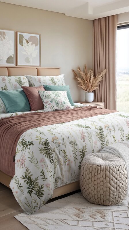 Pościel 160x200 cm bawełniana kolor biały, ciemnozielony z wzorem roślinnym VANESS