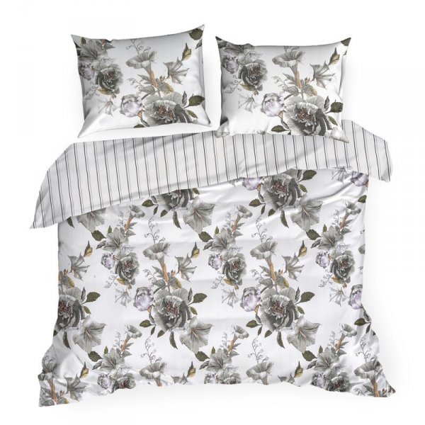 Pościel 160x200 cm bawełniana kolor biały, stalowy z wzorem dużych kwiatów SPRING 39