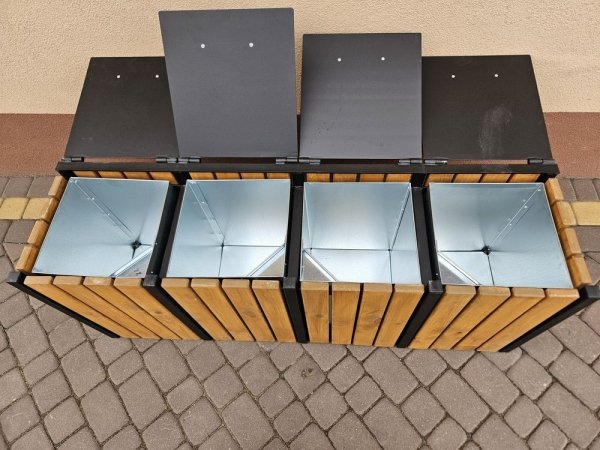 3 komorowy kosz parkowy miejski do segregacji odpadów z pokrywami metalowy drewniany ocynk 3 x 45L 