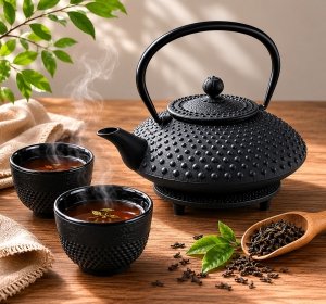 Zestaw żeliwny do herbaty 1,25 l imbryk z sitkiem + 2 czarki + podkładka 