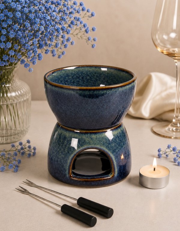 ZESTAW CERAMICZNY DO FONDUE DO TOPIENIA CZEKOLADY + WIDELCZYKI 4el