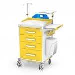 Wózek reanimacyjny REN-04/ST: szafka z 4 szufladami, blat boczny wysuwany, koszyk, kosz kolanowy, kroplówka, półka pod defibrylator, deska do RKO 
